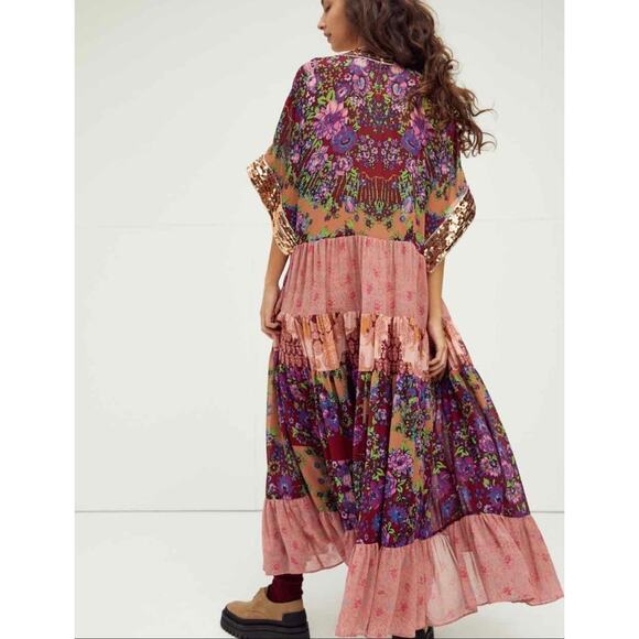 NWT Free People One Fine Day Maxi Duster Kimono Large Sheer Sequin Tiered Dress - Picture 2 of 8